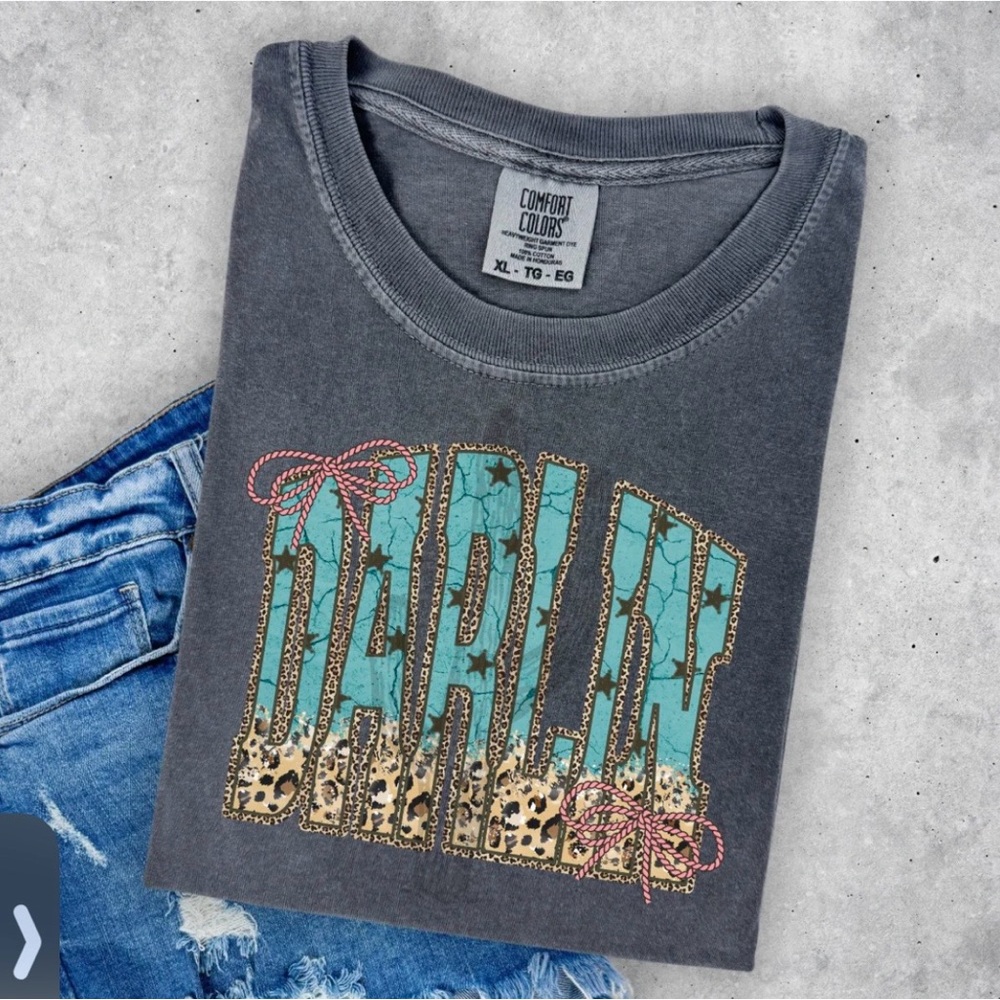 Darlin Charcoal Tee with Turquoise, Leopard & Pink Accents